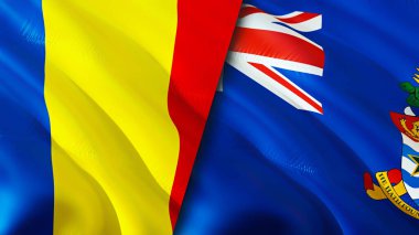 Romanya ve Cayman Adaları bayrakları. 3 boyutlu dalgalanan bayrak tasarımı. Romanya Cayman Adaları bayrağı, resmi, duvar kağıdı. Romanya, Cayman Adaları 'na karşı, görüntü 3D. Romanya Cayman Adaları ilişkileri bir ittifak