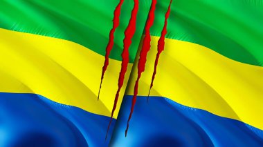 Gabon ve Gabon yara izi olan bayraklar. Dalgalanan bayrak, 3 boyutlu görüntüleme. Gabon ve Gabon çatışma konsepti. Gabon Gabon ilişkileri kavramı. Gabon ve Gabon bayrağı krizi, savaş, saldırı konsepti