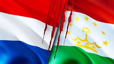 Hollanda ve Tacikistan bayraklarında yara izi var. Dalgalanan bayrak, 3 boyutlu görüntüleme. Hollanda ve Tacikistan çatışma konsepti. Hollanda Tacikistan ilişkileri kavramı. Hollanda bayrağı