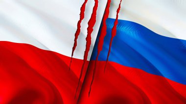 Polonya ve Rusya yara izi kavramına sahip. Dalgalanan bayrak, 3 boyutlu görüntüleme. Polonya ve Rusya çatışma konsepti. Polonya Rusya ilişkileri kavramı. Polonya bayrağı ve Rusya krizi, savaş, saldırı konsepti