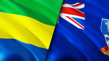 Gabon ve Falkland Adaları bayrakları. 3 boyutlu dalgalanan bayrak tasarımı. Gabon Falkland Adaları bayrağı, resim, duvar kağıdı. Gabon Falkland Adaları 'na karşı. Görüntü 3 boyutlu. Gabon Falkland Adaları İlişkiler Birliği