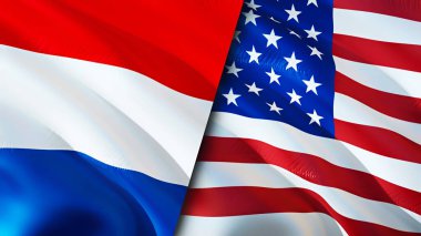 Hollanda ve ABD bayrakları. 3 boyutlu dalgalanan bayrak tasarımı. Hollanda bayrağı, resim, duvar kağıdı. Hollanda, ABD imajına karşı, 3D görüntüleme. Hollanda ABD ilişkileri ittifak ve ticaret, seyahat, turizm konsepti