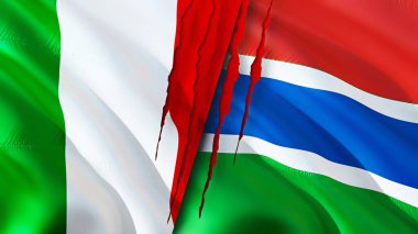 İtalya ve Gambiya yara izi olan bayraklar. Dalgalanan bayrak, 3 boyutlu görüntüleme. İtalya ve Gambiya çatışma konsepti. İtalya Gambiya ilişkileri kavramı. İtalya ve Gambiya krizi bayrağı, savaş, saldırı konsepti