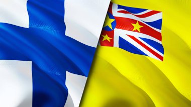 Finlandiya ve Niue bayrakları. 3 boyutlu dalgalanan bayrak tasarımı. Finlandiya bayrağı, resim, duvar kağıdı. Finlandiya, Niue imajına karşı, 3D görüntüleme. Finlandiya ile ilişkiler ittifak ve ticaret, seyahat, turizm danışmanlığı