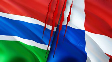 Gambiya ve Panama bayrakları yara izi konseptiyle. Dalgalanan bayrak, 3 boyutlu görüntüleme. Gambiya ve Panama çatışma konsepti. Gambiya Panama ilişkileri kavramı. Gambiya bayrağı ve Panama krizi, savaş, saldırı konsepti