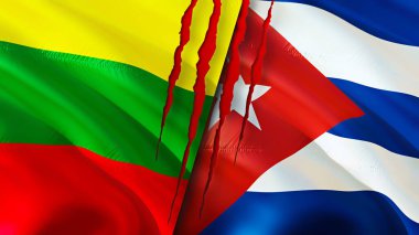 Yara izi olan Litvanya ve Küba bayrakları. Dalgalanan bayrak, 3 boyutlu görüntüleme. Litvanya ve Küba çatışma konsepti. Litvanya Küba ilişkileri kavramı. Litvanya bayrağı ve Küba krizi, savaş, saldırı konsepti