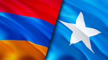 Ermenistan ve Somali bayrakları. 3 boyutlu dalgalanan bayrak tasarımı. Ermenistan Somali bayrağı, resim, duvar kağıdı. Ermenistan, Somali imajına karşı, 3 boyutlu canlandırma. Ermenistan Somali ilişkileri ittifak ve ticaret, seyahat, turizm