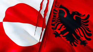 Grönland ve Arnavutluk yara izi kavramına sahip bayraklar. Dalgalanan bayrak, 3 boyutlu görüntüleme. Grönland ve Arnavutluk çatışma konsepti. Grönland Arnavutluk ilişkileri kavramı. Grönland ve Arnavutluk bayrağı kriz, savaş, attac