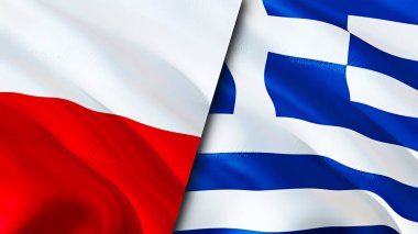 Polonya ve Yunanistan bayrakları. 3 boyutlu dalgalanan bayrak tasarımı. Polonya bayrağı, resim, duvar kağıdı. Polonya, Yunanistan 'a karşı, görüntü 3D. Polonya Yunanistan ile ilişkiler ittifak ve ticaret, seyahat ve turizm kavramları