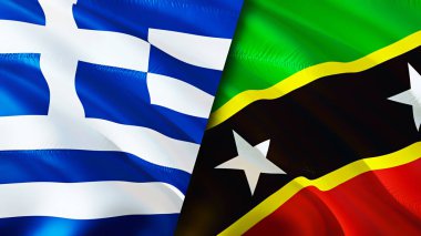 Yunanistan, Saint Kitts ve Nevis bayrakları. 3 boyutlu dalgalanan bayrak tasarımı. Yunanistan Saint Kitts ve Nevis bayrağı, resim, duvar kağıdı. Yunanistan, Saint Kitts ve Nevis 'e karşı, görüntü 3D. Yunanistan Saint Kitts ve Nevi