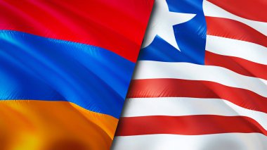 Ermenistan ve Liberya bayrakları. 3 boyutlu dalgalanan bayrak tasarımı. Ermenistan Liberya bayrağı, resim, duvar kağıdı. Ermenistan, Liberya imajına karşı, 3 boyutlu canlandırma. Ermenistan Liberya ilişkileri ittifak ve ticaret, seyahat, turizm konsepti