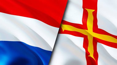 Hollanda ve Guernsey bayrakları. 3 boyutlu dalgalanan bayrak tasarımı. Hollanda Guernsey bayrağı, resim, duvar kağıdı. Hollanda, Guernsey 'e karşı, görüntü 3D. Hollanda Guernsey ilişkiler ittifakı