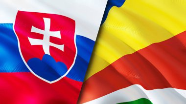Slovakya ve Seyşeller bayrakları. 3 boyutlu dalgalanan bayrak tasarımı. Slovakya Seyşeller bayrağı, resim, duvar kağıdı. Slovakya, Seyşeller 'in 3D görüntüsüne karşı. Slovakya Seyşeller İlişkiler Birliği