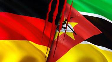 Almanya ve Mozambik bayraklarında yara izi var. Dalgalanan bayrak, 3 boyutlu görüntüleme. Almanya ve Mozambik çatışma konsepti. Almanya Mozambik ilişkileri kavramı. Almanya bayrağı ve Mozambik krizi, savaş