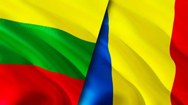 Litvanya ve Romanya bayrakları. 3 boyutlu dalgalanan bayrak tasarımı. Litvanya Romanya bayrağı, resim, duvar kağıdı. Litvanya, Romanya 'nın imajına karşı, 3D görüntüleme. Litvanya Romanya ilişkileri ittifak ve ticaret, seyahat, turnuva