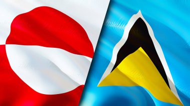 Grönland ve Saint Lucia bayrakları. 3 boyutlu dalgalanan bayrak tasarımı. Grönland Saint Lucia bayrağı, resim, duvar kağıdı. Grönland, Saint Lucia 'ya karşı, görüntü 3 boyutlu. Grönland Saint Lucia İlişkiler Birliği