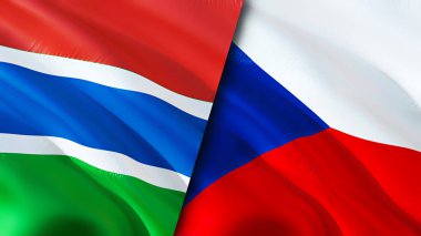 Gambia ve Çek bayrakları. 3 boyutlu dalgalanan bayrak tasarımı. Gambiya Çek bayrağı, resim, duvar kağıdı. Gambiya, Çek imajına karşı, 3 boyutlu görüntüleme. Gambiya Çek ilişkileri ittifak ve ticaret, seyahat, turizm konsepti