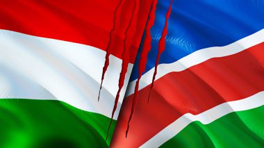 Yara izi olan Macaristan ve Namibya bayrakları. Dalgalanan bayrak, 3 boyutlu görüntüleme. Macaristan ve Namibya çatışma konsepti. Macaristan Namibya ilişkileri kavramı. Macaristan ve Namibya bayrağı krizi, savaş, saldırı konsepti