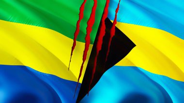 Gabon ve Bahamalar yara izi olan bayraklar. Dalgalanan bayrak, 3 boyutlu görüntüleme. Gabon ve Bahamalar çatışma konsepti. Gabon Bahama ilişkileri kavramı. Gabon ve Bahamalar bayrağı krizi, savaş, saldırı konsepti