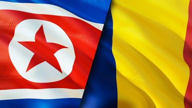 Kuzey Kore ve Çad bayrakları. 3 boyutlu dalgalanan bayrak tasarımı. Kuzey Kore Çad bayrağı, resim, duvar kağıdı. Kuzey Kore, Chad 'e karşı, görüntü 3 boyutlu. Kuzey Kore Çad ilişkileri ittifak ve ticaret, seyahat, turnuva