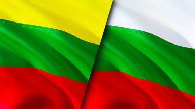 Litvanya ve Bulgaristan bayrakları. 3 boyutlu dalgalanan bayrak tasarımı. Litvanya Bulgaristan bayrağı, resmi, duvar kağıdı. Litvanya, Bulgaristan 'a karşı imaj, 3D görüntüleme. Litvanya Bulgaristan ilişkileri bir ittifak