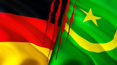 Almanya ve Moritanya yara izi kavramına sahip bayraklar. Dalgalanan bayrak, 3 boyutlu görüntüleme. Almanya ve Moritanya çatışma konsepti. Almanya Moritanya ilişkileri kavramı. Almanya bayrağı ve Moritanya krizi, savaş