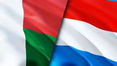Madagaskar ve Lüksemburg bayrakları. 3 boyutlu dalgalanan bayrak tasarımı. Madagaskar Lüksemburg bayrağı, resim, duvar kağıdı. Madagaskar, Lüksemburg 'a karşı, 3 boyutlu görüntüleme. Madagaskar Lüksemburg ilişkileri bir ittifak