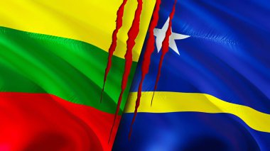 Yara izi olan Litvanya ve Curacao bayrakları. Dalgalanan bayrak, 3 boyutlu görüntüleme. Litvanya ve Curacao çatışma konsepti. Litvanya Curacao ilişkileri konsepti. Litvanya bayrağı ve Curacao krizi, savaş, attac