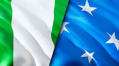 Nijerya ve Mikronezya bayrakları. 3 boyutlu dalgalanan bayrak tasarımı. Nijerya Mikronezya bayrağı, resim, duvar kağıdı. Nijerya, Mikronezya 'ya karşı, görüntü 3 boyutlu. Nijerya Mikronezya ilişkileri