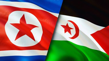 Kuzey Kore ve Batı Sahra bayrakları. 3 boyutlu dalgalanan bayrak tasarımı. Kuzey Kore Batı Sahra bayrağı, resim, duvar kağıdı. Kuzey Kore, Batı Sahra 'ya karşı, görüntü 3D. Kuzey Kore Batı Sahar