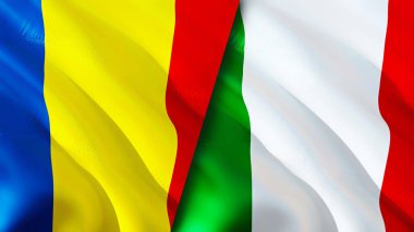 Romanya ve İtalya bayrakları. 3 boyutlu dalgalanan bayrak tasarımı. Romanya İtalya bayrağı, resim, duvar kağıdı. Romanya İtalya 'ya karşı imaj, 3D görüntüleme. Romanya İtalya ile ilişkiler ittifak ve ticaret, seyahat ve turizm kavramları