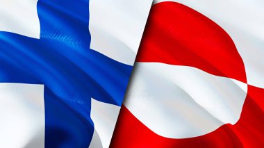 Finlandiya ve Grönland bayrakları. 3 boyutlu dalgalanan bayrak tasarımı. Finlandiya Grönland bayrağı, resim, duvar kağıdı. Finlandiya, Grönland 'a karşı, görüntü 3D. Finlandiya Grönland ilişkileri ittifak ve ticaret, seyahat, turnuva