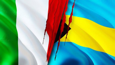İtalya ve Bahamalar yara izi olan bayraklar. Dalgalanan bayrak, 3 boyutlu görüntüleme. İtalya ve Bahamalar çatışma konsepti. İtalya Bahamalar ilişkileri kavramı. İtalya ve Bahamalar bayrağı kriz, savaş, saldırı konsepti
