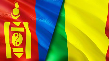 Moğolistan ve Mali bayrakları. 3 boyutlu dalgalanan bayrak tasarımı. Moğolistan bayrağı, resim, duvar kağıdı. Moğolistan, Mali 'ye karşı 3 boyutlu görüntü. Moğolistan Mali ilişkileri ittifak ve ticaret, seyahat, turizm konsepti