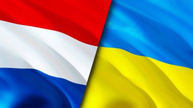 Hollanda ve Ukrayna bayrakları. 3 boyutlu dalgalanan bayrak tasarımı. Hollanda Ukrayna bayrağı, resim, duvar kağıdı. Hollanda, Ukrayna imajına karşı, 3D görüntüleme. Hollanda Ukrayna ilişkileri ittifakı