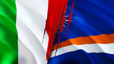 İtalya ve Marshall Adaları yara izi olan bayraklar. Dalgalanan bayrak, 3 boyutlu görüntüleme. İtalya ve Marshall Adaları çatışma konsepti. İtalya Marshall Adaları ilişkileri kavramı. İtalya bayrağı ve Mareşal