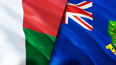 Madagaskar ve Britanya Virjin Adaları bayrakları. 3 boyutlu dalgalanan bayrak tasarımı. Madagaskar İngiliz Virjin Adaları bayrağı, resim, duvar kağıdı. Madagaskar, British Virgin Adaları 'na karşı. Görüntü 3 boyutlu. Madagasca