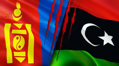 Yara izi olan Moğolistan ve Libya bayrakları. Dalgalanan bayrak, 3 boyutlu görüntüleme. Moğolistan ve Libya çatışma konsepti. Moğolistan Libya ilişkileri kavramı. Moğolistan bayrağı ve Libya krizi, savaş, saldırı konsepti