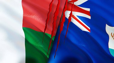 Madagaskar ve Anguilla yara izi olan bayraklar. Dalgalanan bayrak, 3 boyutlu görüntüleme. Madagaskar ve Anguilla çatışma konsepti. Madagaskar Anguilla ilişkileri kavramı. Madagaskar ve Anguill bayrağı