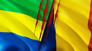 Gabon ve Chad yara izi olan bayraklar. Dalgalanan bayrak, 3 boyutlu görüntüleme. Gabon ve Chad çatışma konsepti. Gabon Chad ilişkileri kavramı. Gabon ve Çad bayrağı krizi, savaş, saldırı konsepti