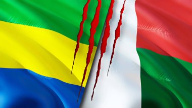 Gabon ve Madagaskar bayrakları yara izi konseptiyle. Dalgalanan bayrak, 3 boyutlu görüntüleme. Gabon ve Madagaskar çatışma konsepti. Gabon Madagaskar ilişkileri kavramı. Gabon bayrağı ve Madagaskar krizi, savaş, attac