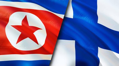 Kuzey Kore ve Finlandiya bayrakları. 3 boyutlu dalgalanan bayrak tasarımı. Kuzey Kore Finlandiya bayrağı, resim, duvar kağıdı. Kuzey Kore, Finlandiya 'ya karşı imaj, 3D görüntüleme. Kuzey Kore ile Finlandiya arasındaki ittifak