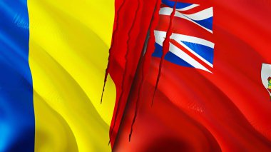 Romanya ve Bermuda bayrakları yara izi kavramına sahip. Dalgalanan bayrak, 3 boyutlu görüntüleme. Romanya ve Bermuda ihtilafı kavramı. Romanya Bermuda ilişkileri kavramı. Romanya bayrağı ve Bermuda krizi, savaş, saldırı konsepti