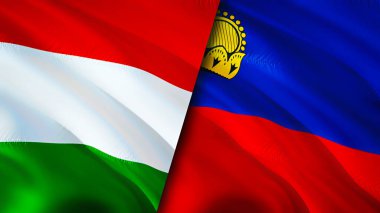 Macaristan ve Lihtenştayn bayrakları. 3 boyutlu dalgalanan bayrak tasarımı. Macaristan Liechtenstein bayrağı, resim, duvar kağıdı. Macaristan, Lihtenştayn 'a karşı, görüntü 3D. Macaristan Lihtenştayn ilişkileri bir ittifak