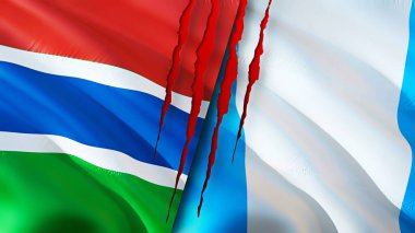 Gambiya ve Guatemala bayraklarında yara izi var. Dalgalanan bayrak, 3 boyutlu görüntüleme. Gambiya ve Guatemala çatışma konsepti. Gambiya Guatemala ilişkileri kavramı. Gambiya bayrağı ve Guatemala krizi, savaş, attac