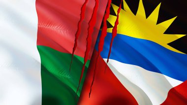 Madagaskar, Antigua ve yara izi olan Barbuda bayrakları. Dalgalanan bayrak, 3 boyutlu görüntüleme. Madagaskar, Antigua ve Barbuda çatışma konsepti. Madagaskar Antigua ve Barbuda ilişkileri kavramı. bayrak o