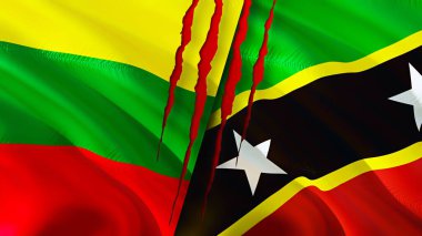 Litvanya, Saint Kitts ve yara izi olan Nevis bayrakları. Dalgalanan bayrak, 3 boyutlu görüntüleme. Litvanya, Saint Kitts ve Nevis çatışma konsepti. Litvanya Saint Kitts ve Nevis ilişkileri kavramı. fla