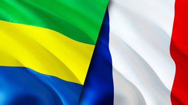 Gabon ve Fransa bayrakları. 3 boyutlu dalgalanan bayrak tasarımı. Gabon Fransa bayrağı, resim, duvar kağıdı. Gabon Fransa 'ya karşı, görüntü 3 boyutlu. Gabon Fransa ilişkileri ittifak ve ticaret, seyahat, turizm konsepti