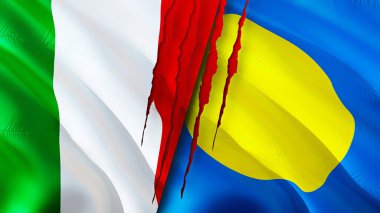 İtalya ve Palau bayraklarında yara izi var. Dalgalanan bayrak, 3 boyutlu görüntüleme. İtalya ve Palau çatışma konsepti. İtalya Palau ilişkileri kavramı. İtalya bayrağı ve Palau krizi, savaş, saldırı konsepti
