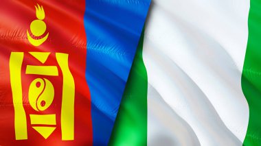 Moğolistan ve Nijerya bayrakları. 3 boyutlu dalgalanan bayrak tasarımı. Moğolistan Nijerya bayrağı, resim, duvar kağıdı. Moğolistan, Nijerya 'ya karşı, görüntü 3 boyutlu. Moğolistan Nijerya ilişkileri ittifak ve ticaret, seyahat, turnuva